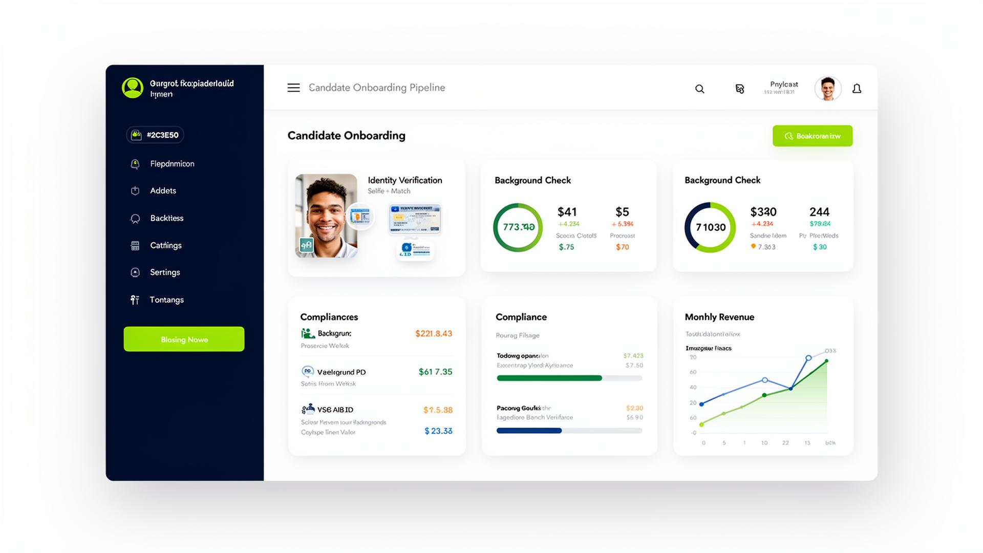 Trust Point 360 dashboard showing candidate onboarding, identity verification, and background check status